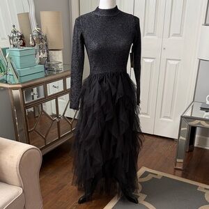 Lark + Grey On Trend Black Tulle/Silver Thread Evening Dress Size S